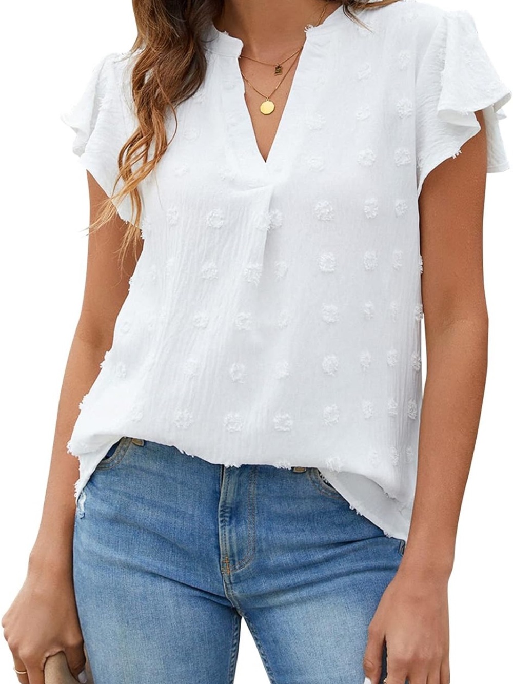 Casual White Flutter-Sleeve V-Neck Blouse